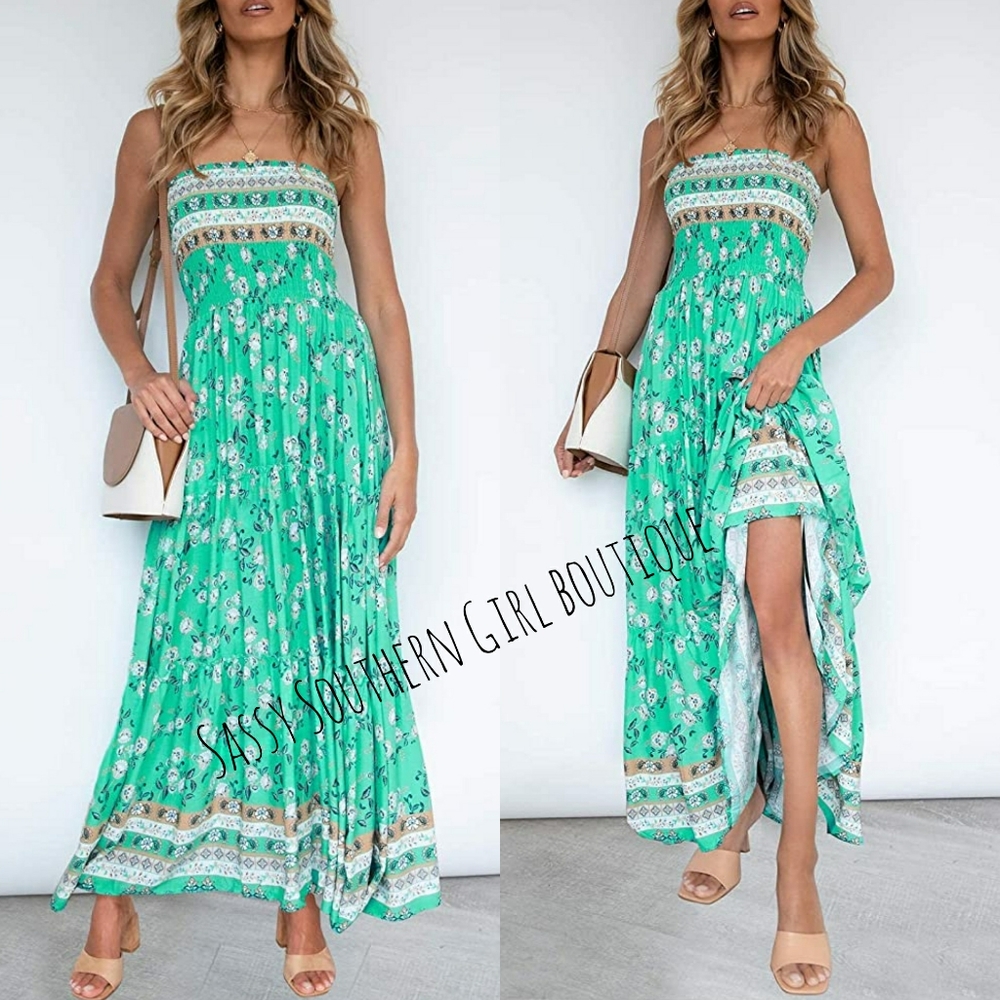 🆕⭐ Boho blue green floral smocked maxi dress
